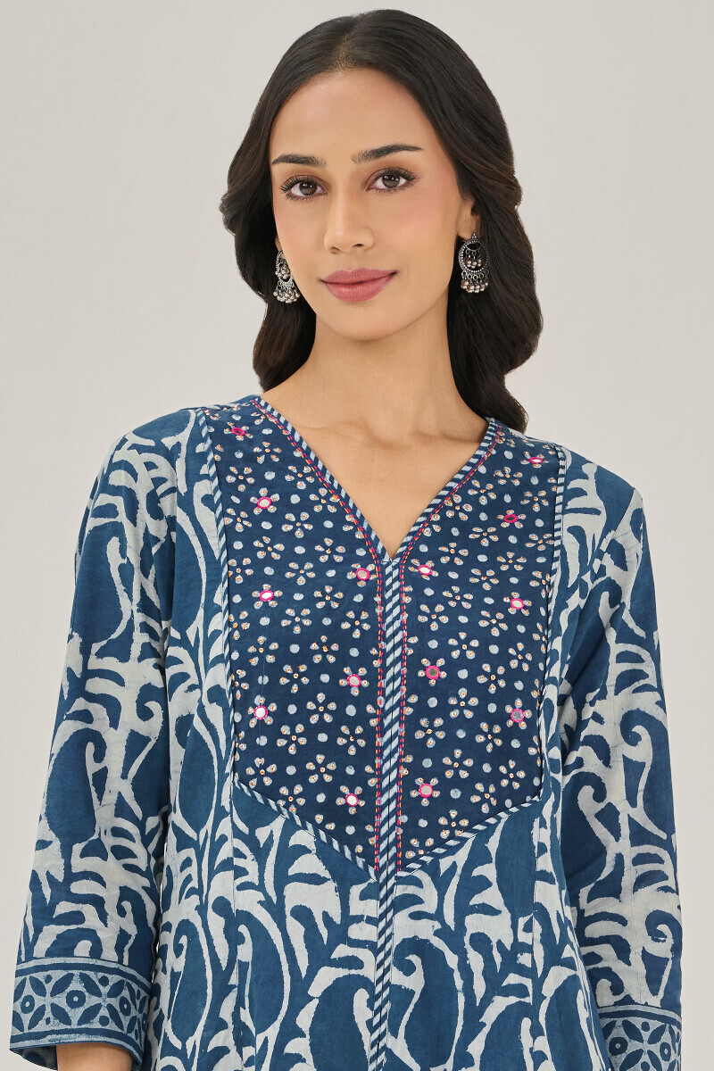 Indigo Hand Block Printed Short Cotton Kurta