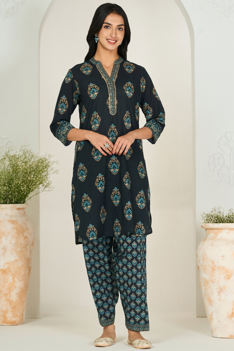 Black Printed Short Cotton Dobby Kurta