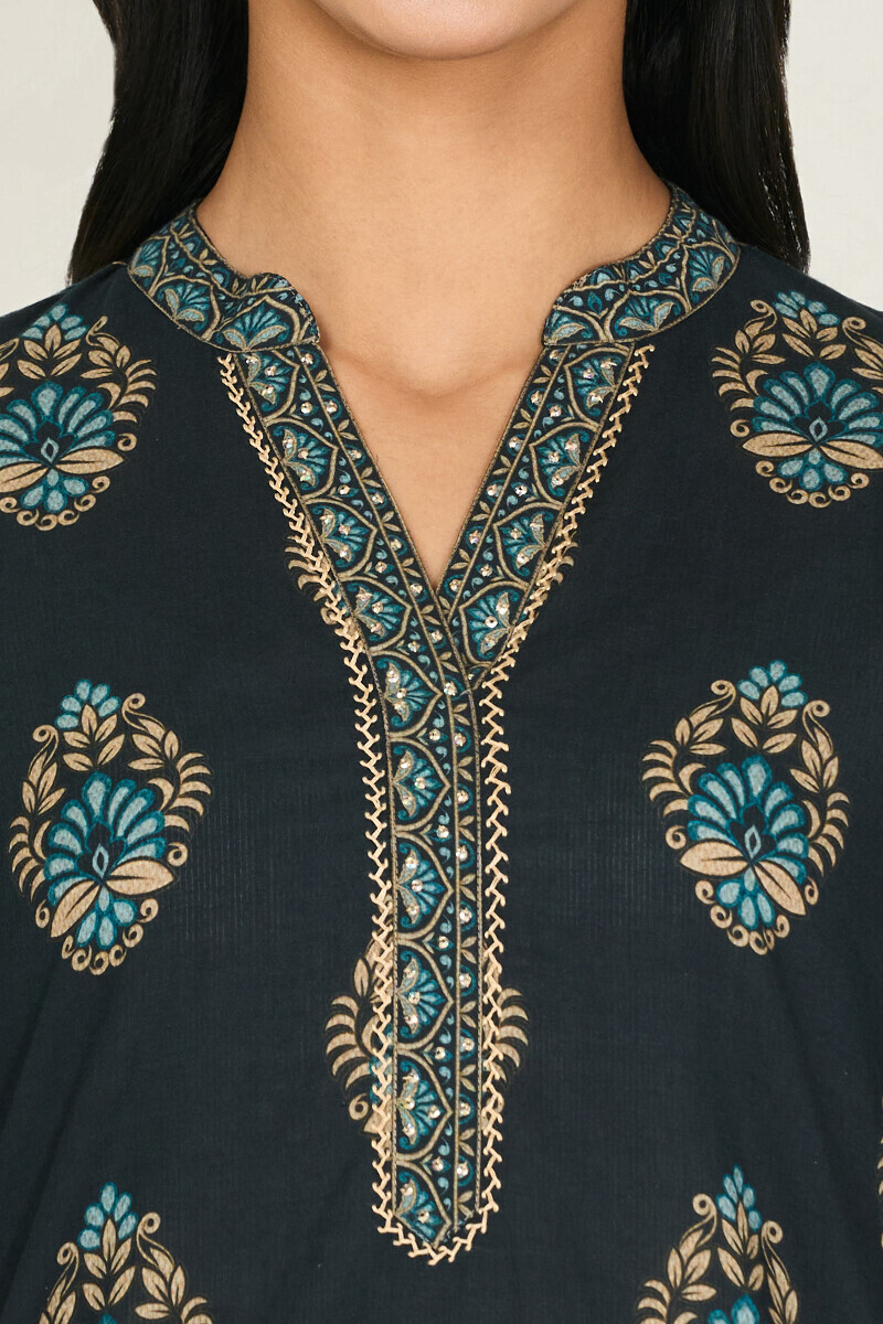 Black Printed Short Cotton Dobby Kurta