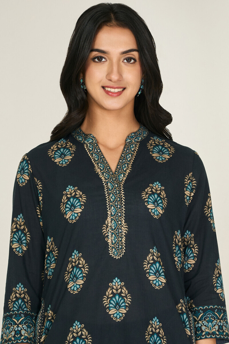 Black Printed Short Cotton Dobby Kurta