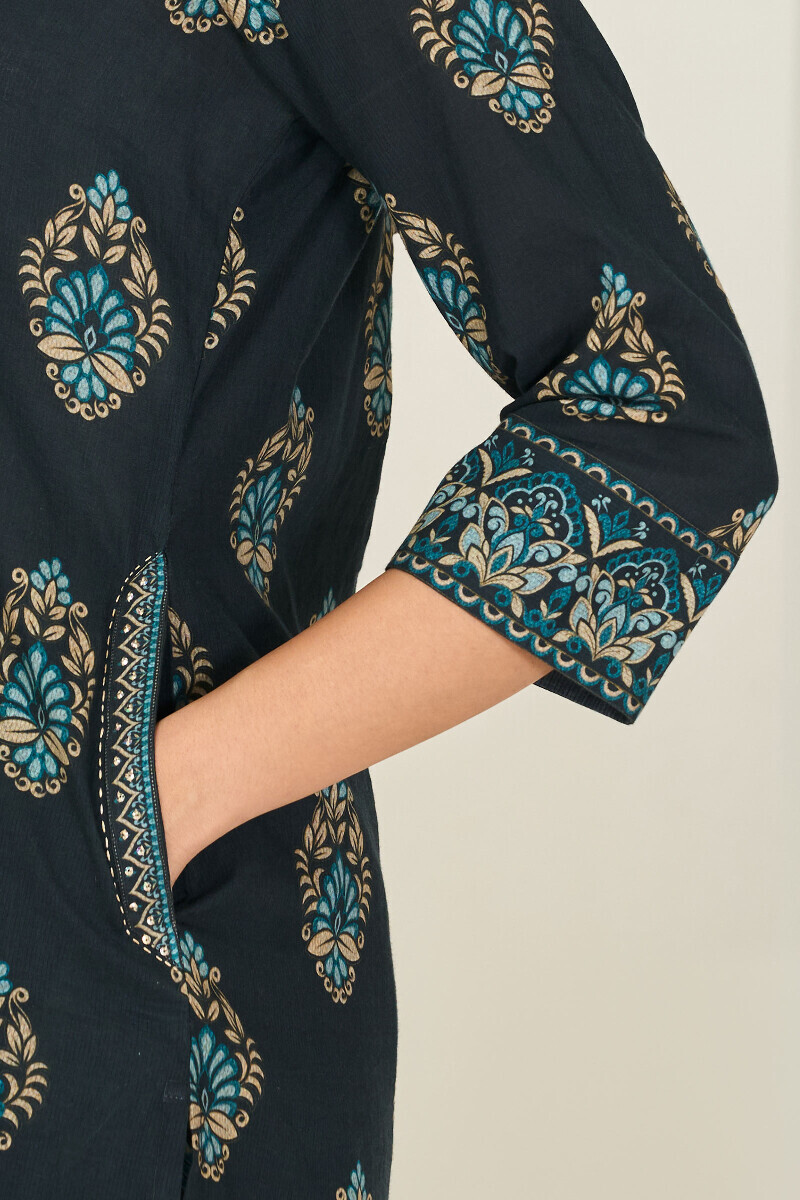 Black Printed Short Cotton Dobby Kurta