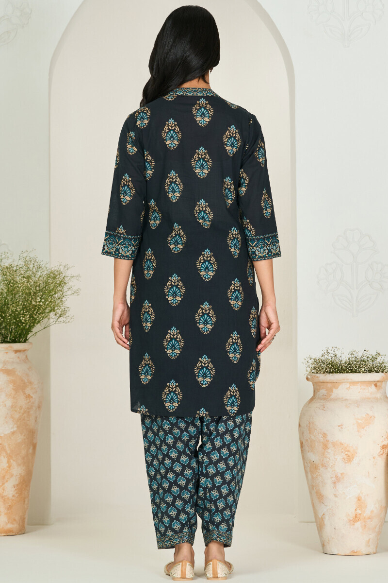 Black Printed Short Cotton Dobby Kurta