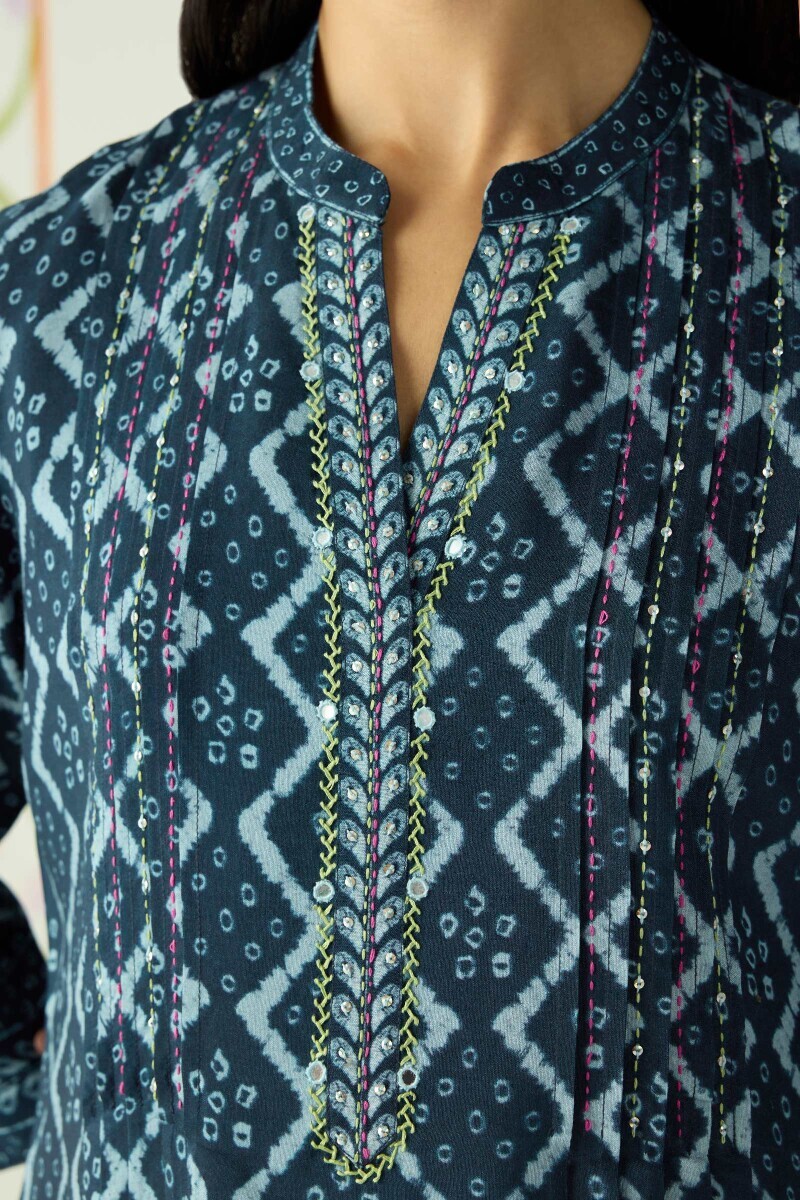 Blue Printed Short Viscose Kurta