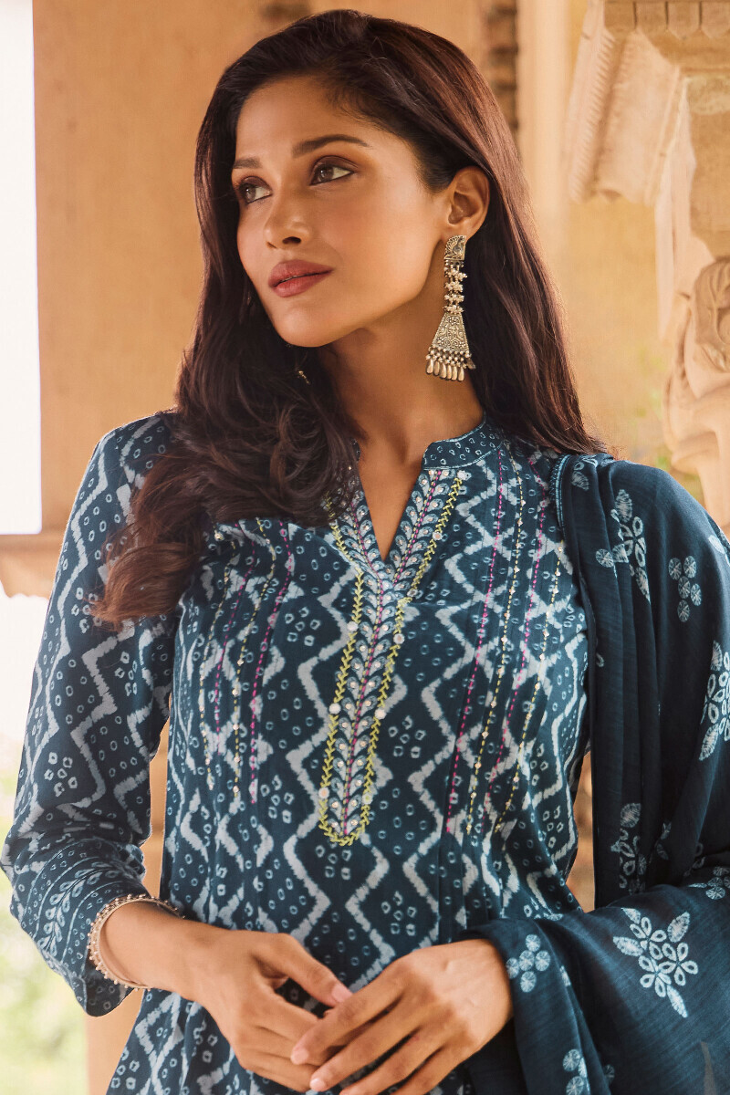 Blue Printed Short Viscose Kurta