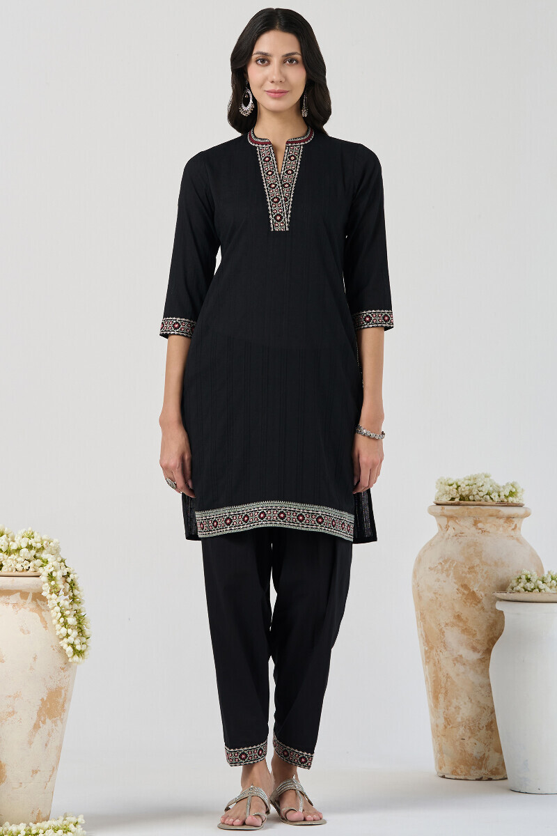 Black Handcrafted Short Ram Buta Kurta