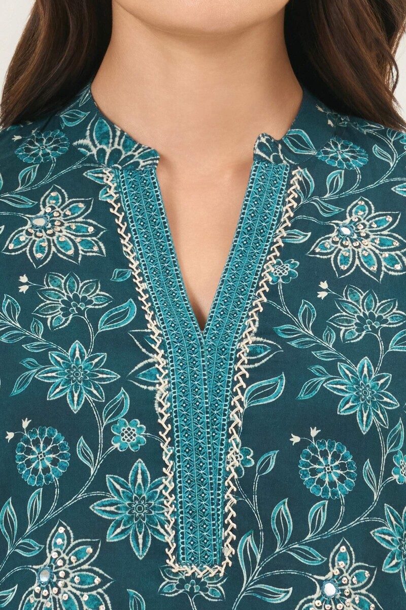 Blue Printed Short Cotton Kurta
