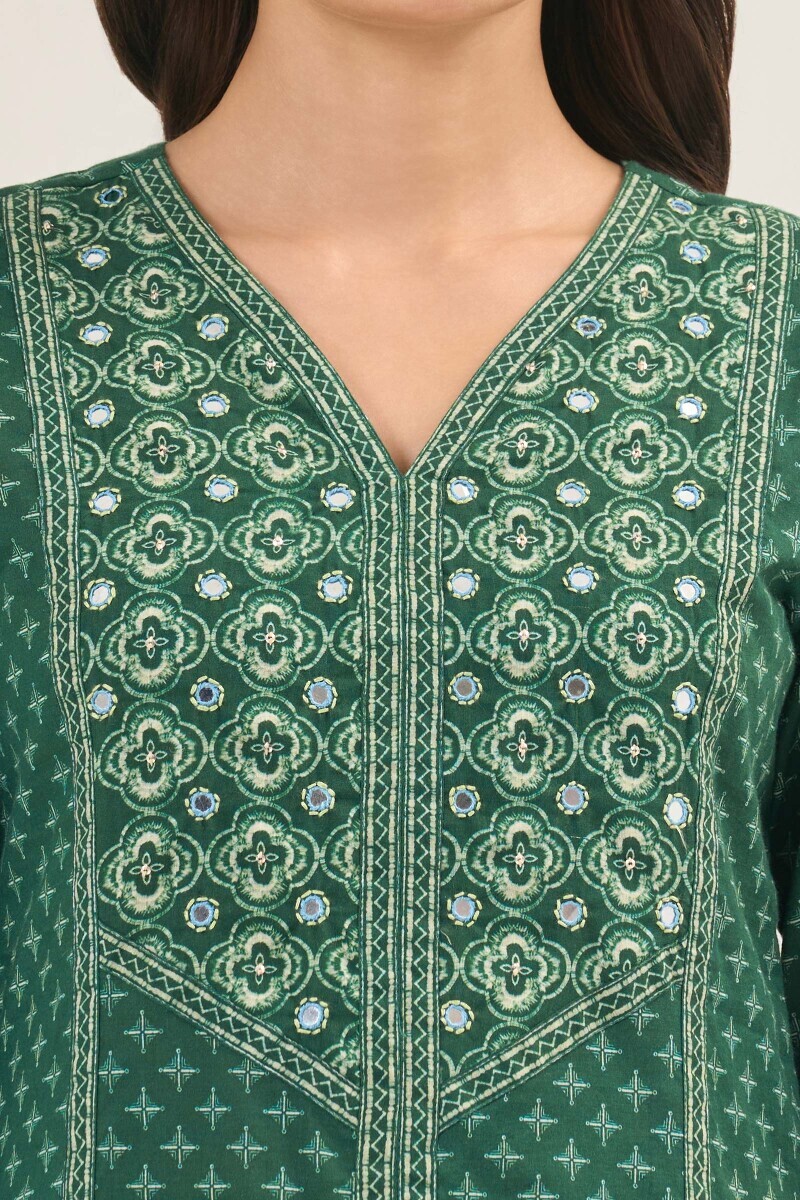 Green Printed Short Medium Cotton Kurta