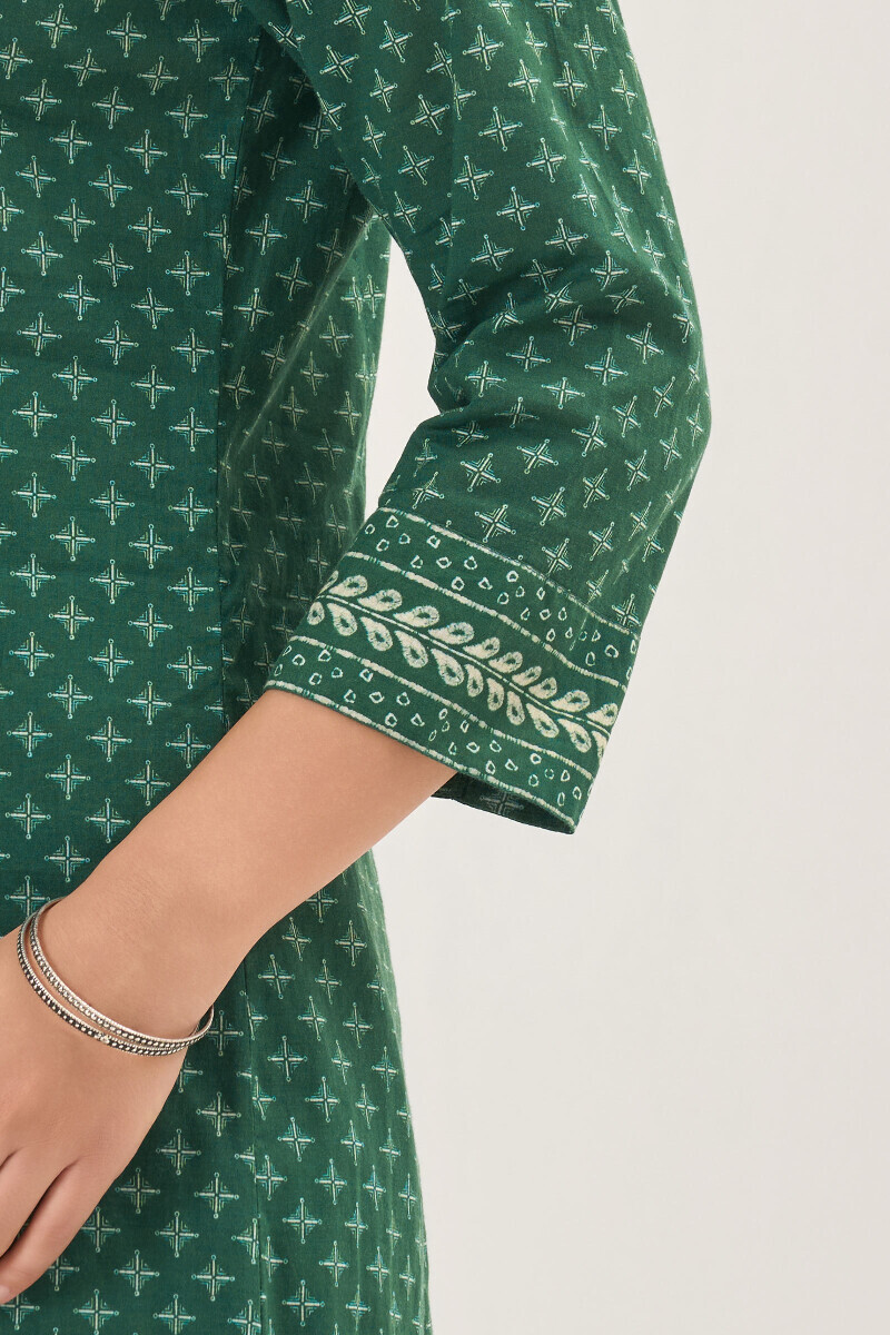 Green Printed Short Medium Cotton Kurta