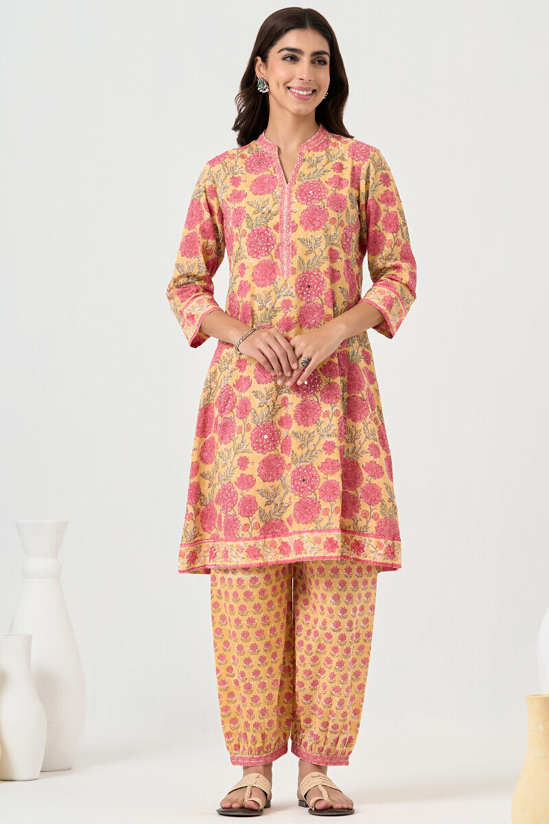 Yellow Hand Block Printed Short Medium Ram Buta Kurta