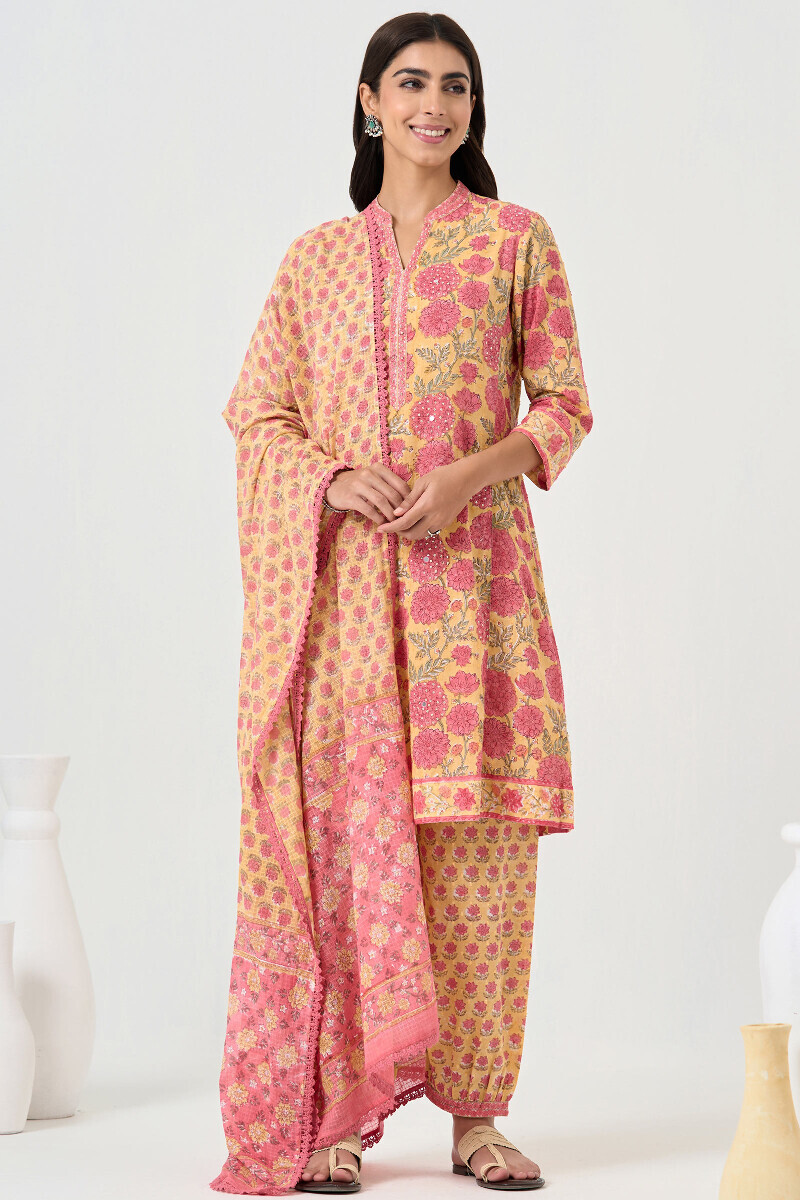 Yellow Hand Block Printed Short Medium Ram Buta Kurta