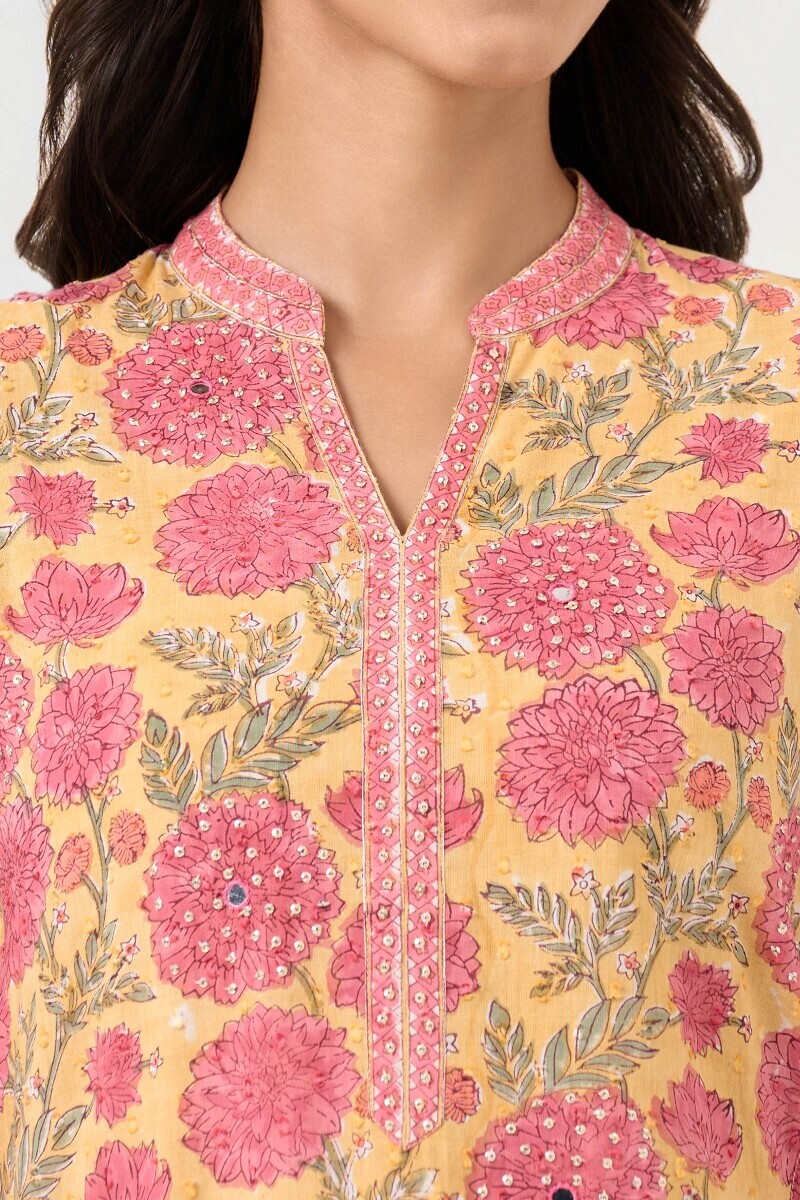 Yellow Hand Block Printed Short Medium Ram Buta Kurta