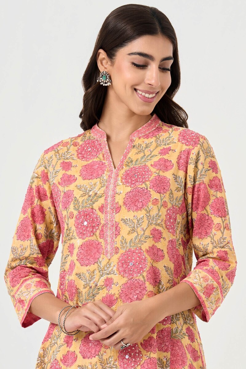 Yellow Hand Block Printed Short Medium Ram Buta Kurta