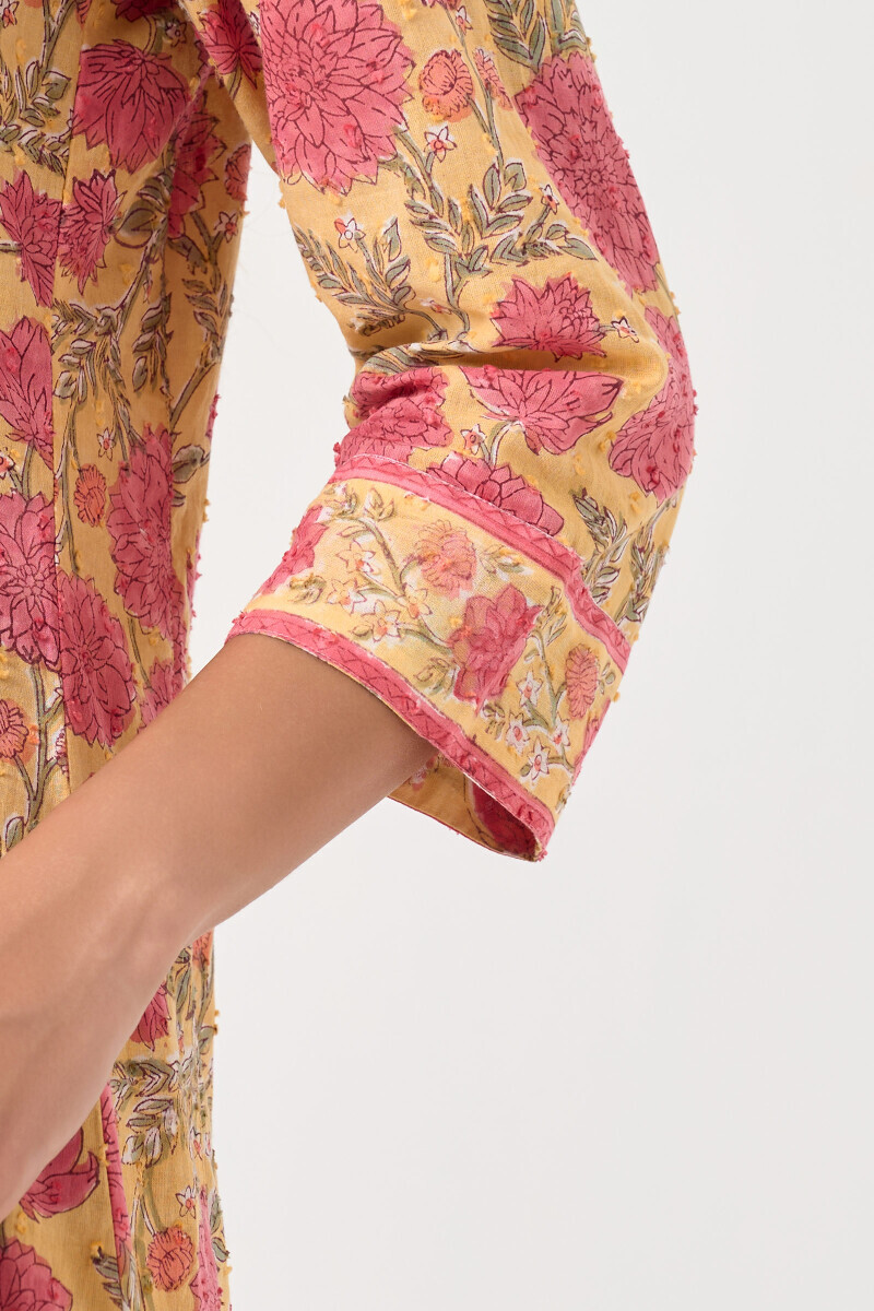 Yellow Hand Block Printed Short Medium Ram Buta Kurta