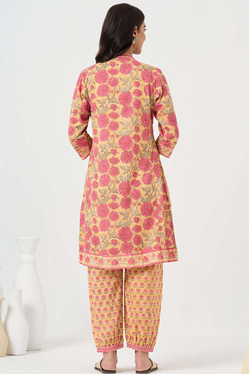 Yellow Hand Block Printed Short Medium Ram Buta Kurta