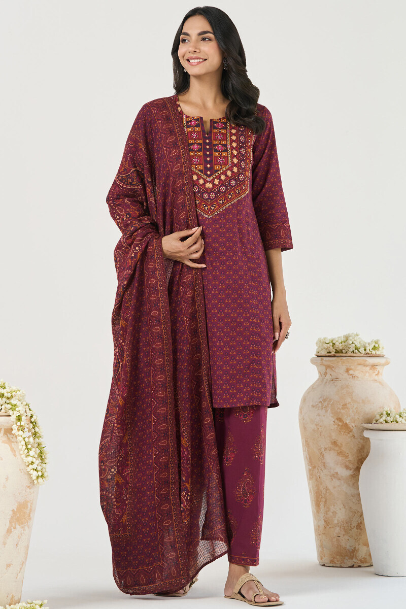 Purple Printed Short Medium Cotton Kurta