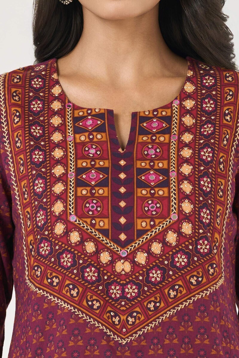 Purple Printed Short Medium Cotton Kurta