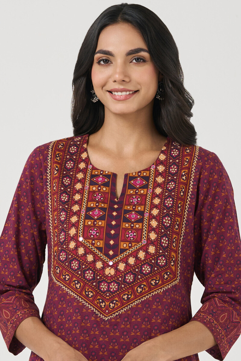 Purple Printed Short Medium Cotton Kurta