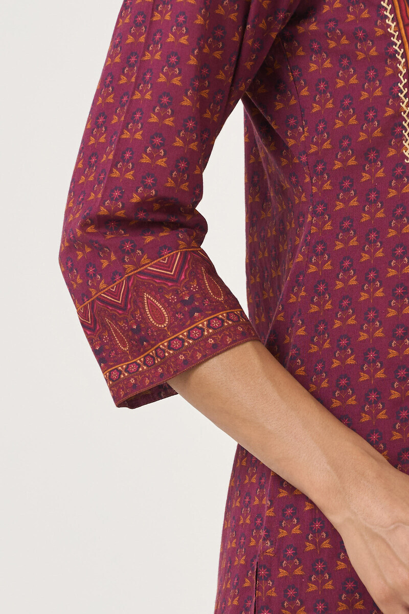 Purple Printed Short Medium Cotton Kurta