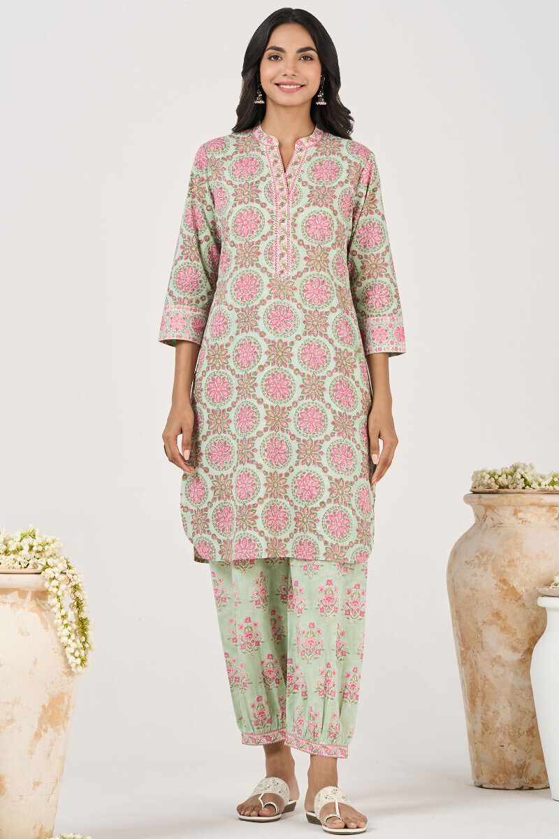 Green Hand Block Printed Short Medium Cotton Kurta