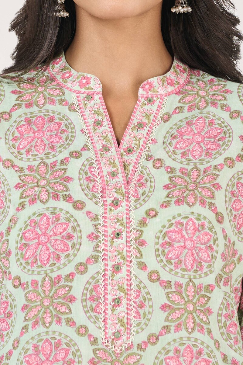 Green Hand Block Printed Short Medium Cotton Kurta
