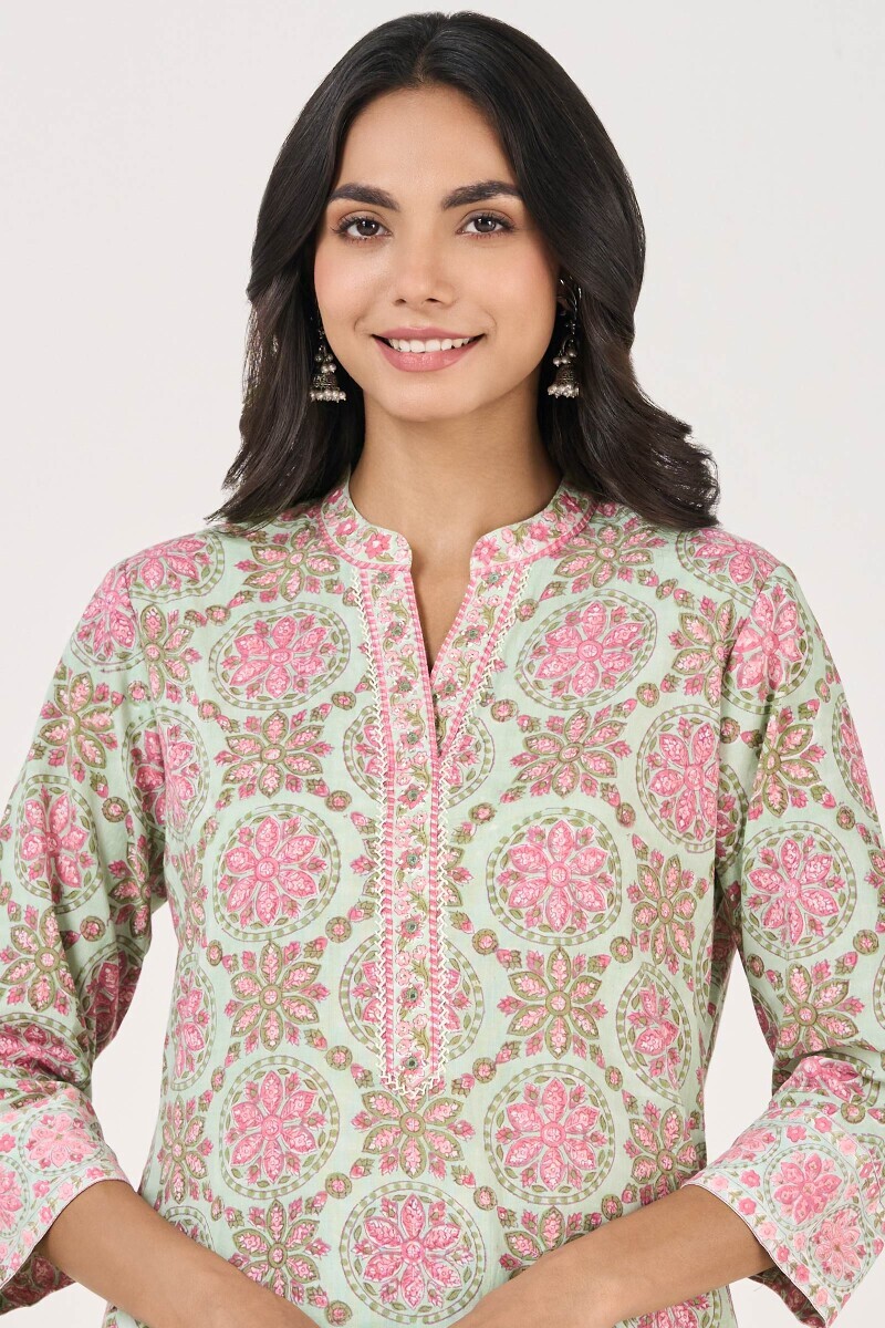 Green Hand Block Printed Short Medium Cotton Kurta