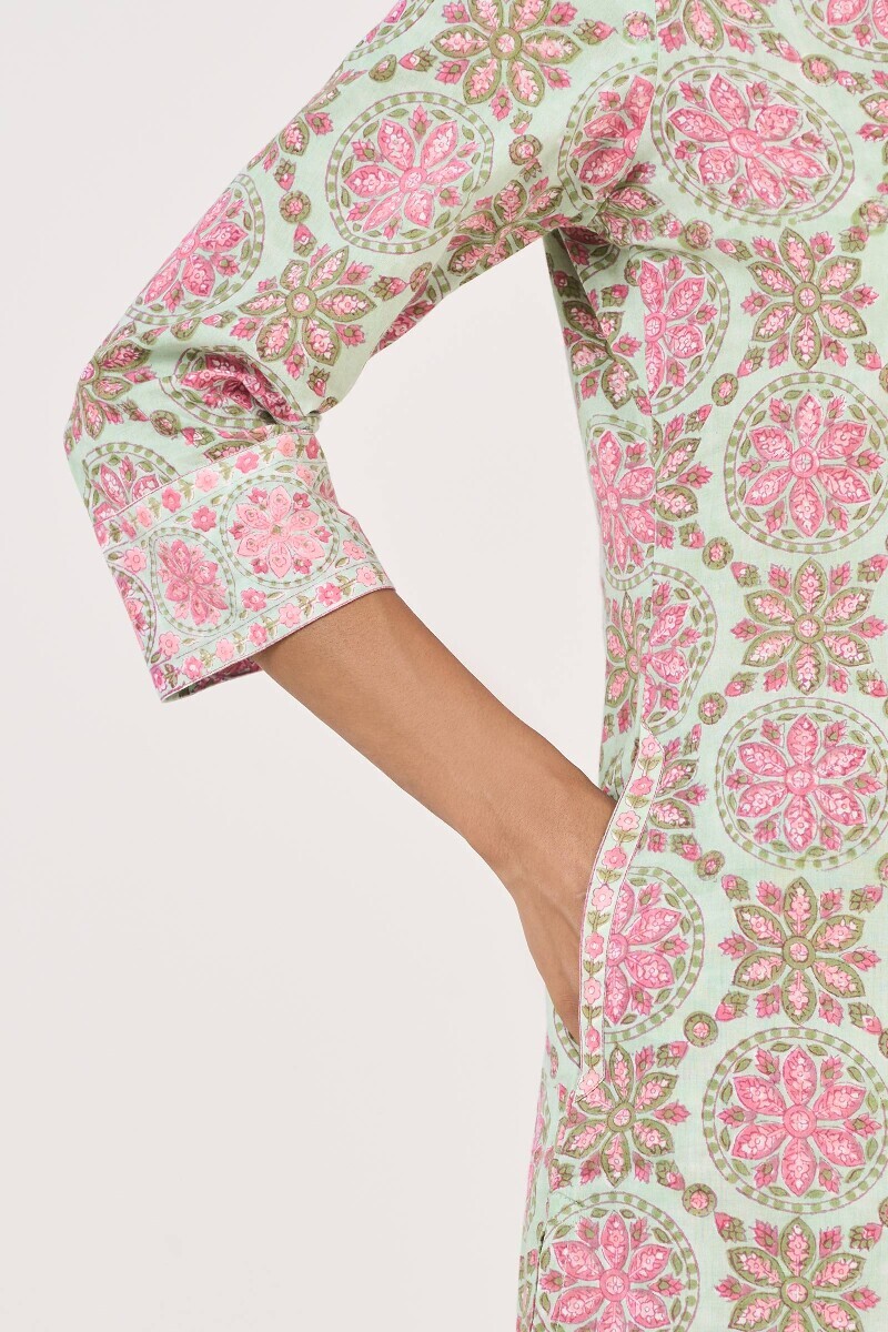 Green Hand Block Printed Short Medium Cotton Kurta