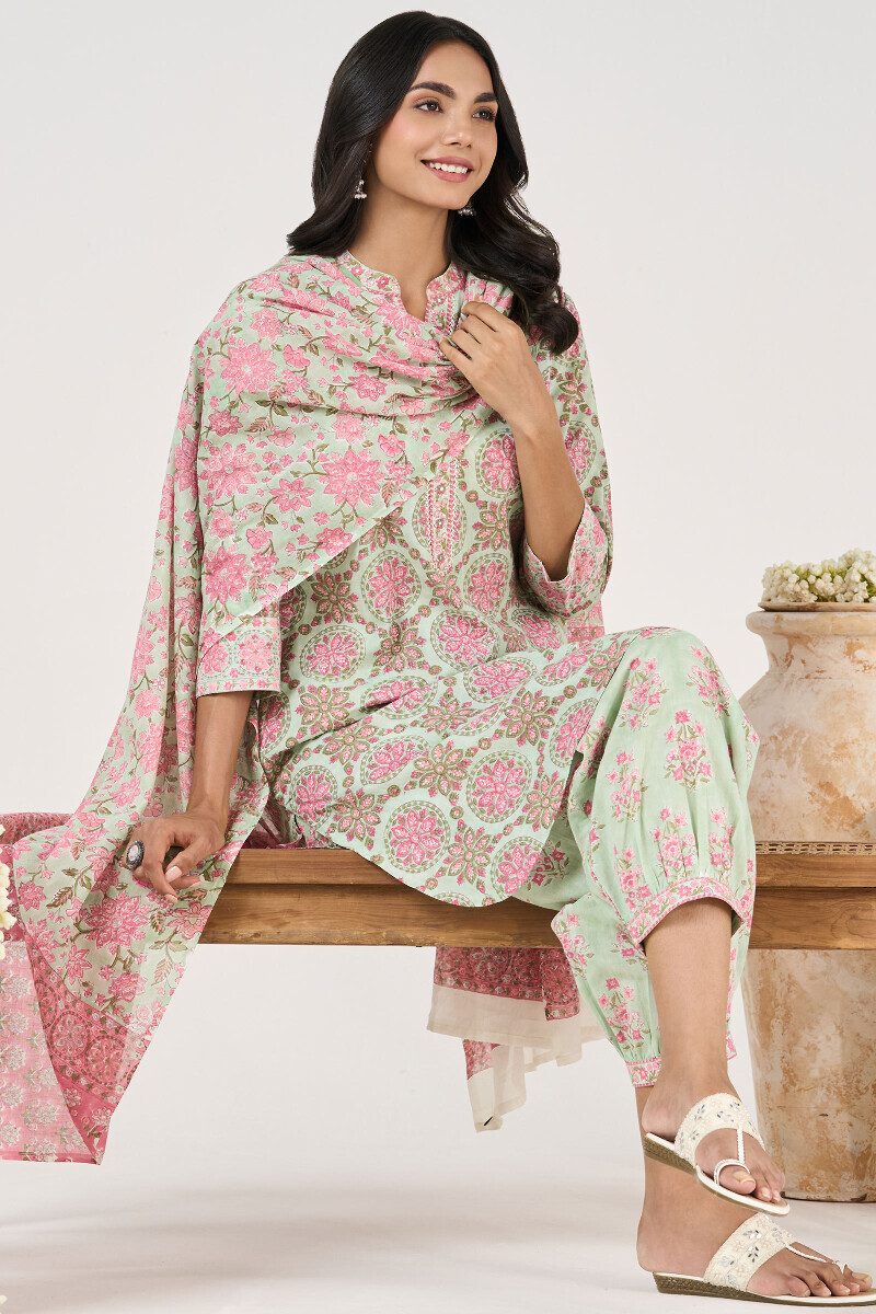 Green Hand Block Printed Short Medium Cotton Kurta