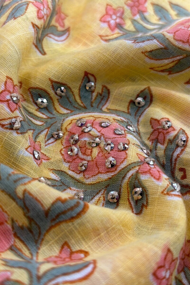 Yellow Hand Block Printed Short Medium Cotton Slub Kurta