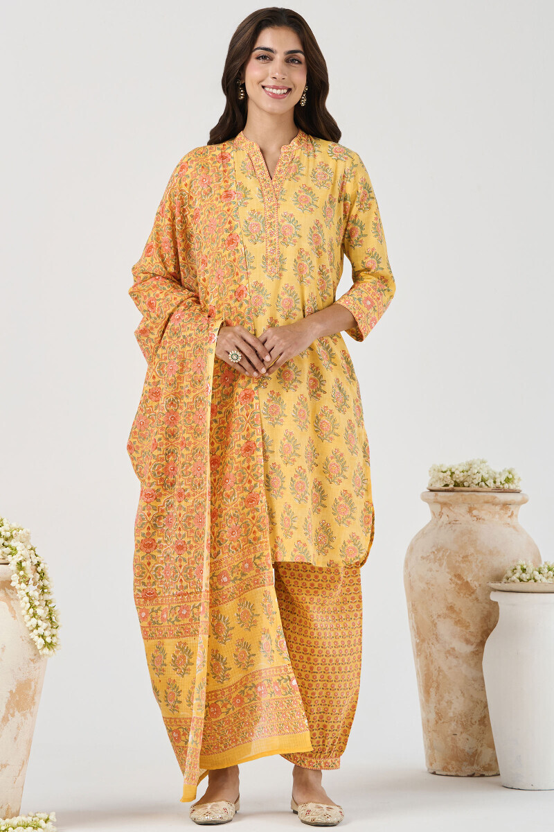 Yellow Hand Block Printed Short Medium Cotton Slub Kurta