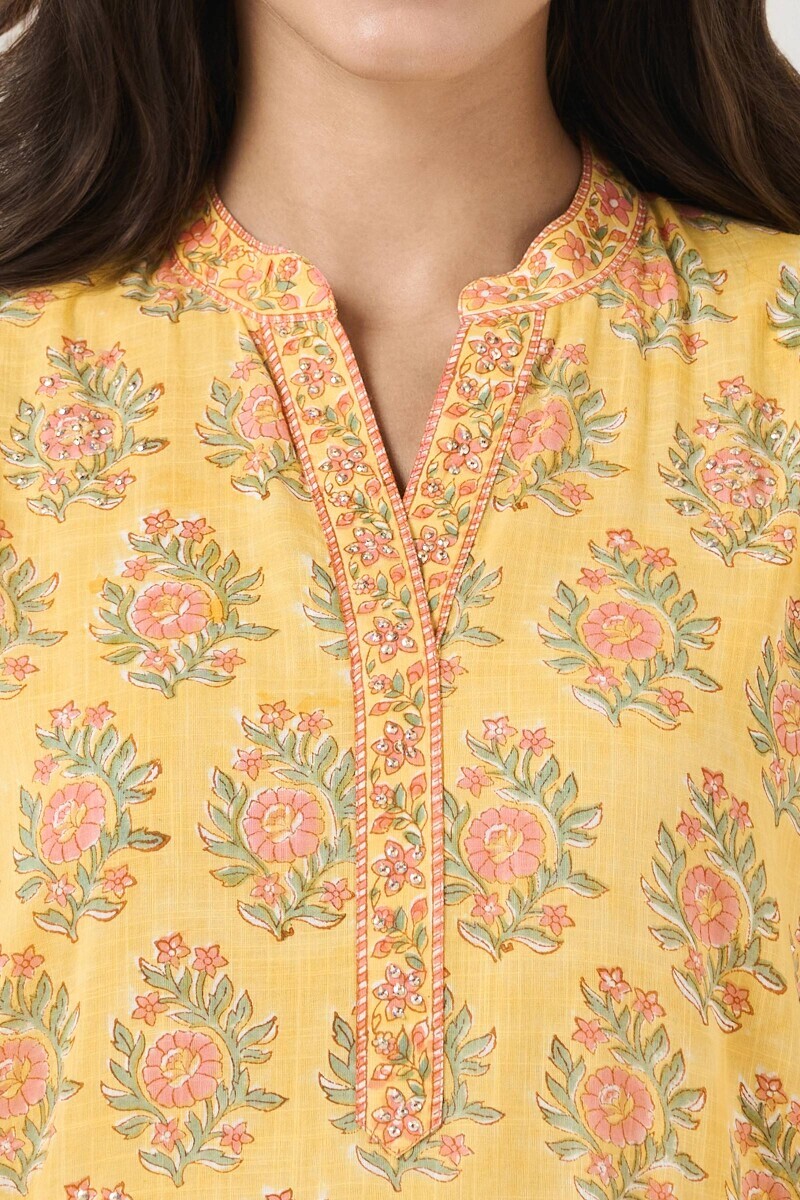 Yellow Hand Block Printed Short Medium Cotton Slub Kurta