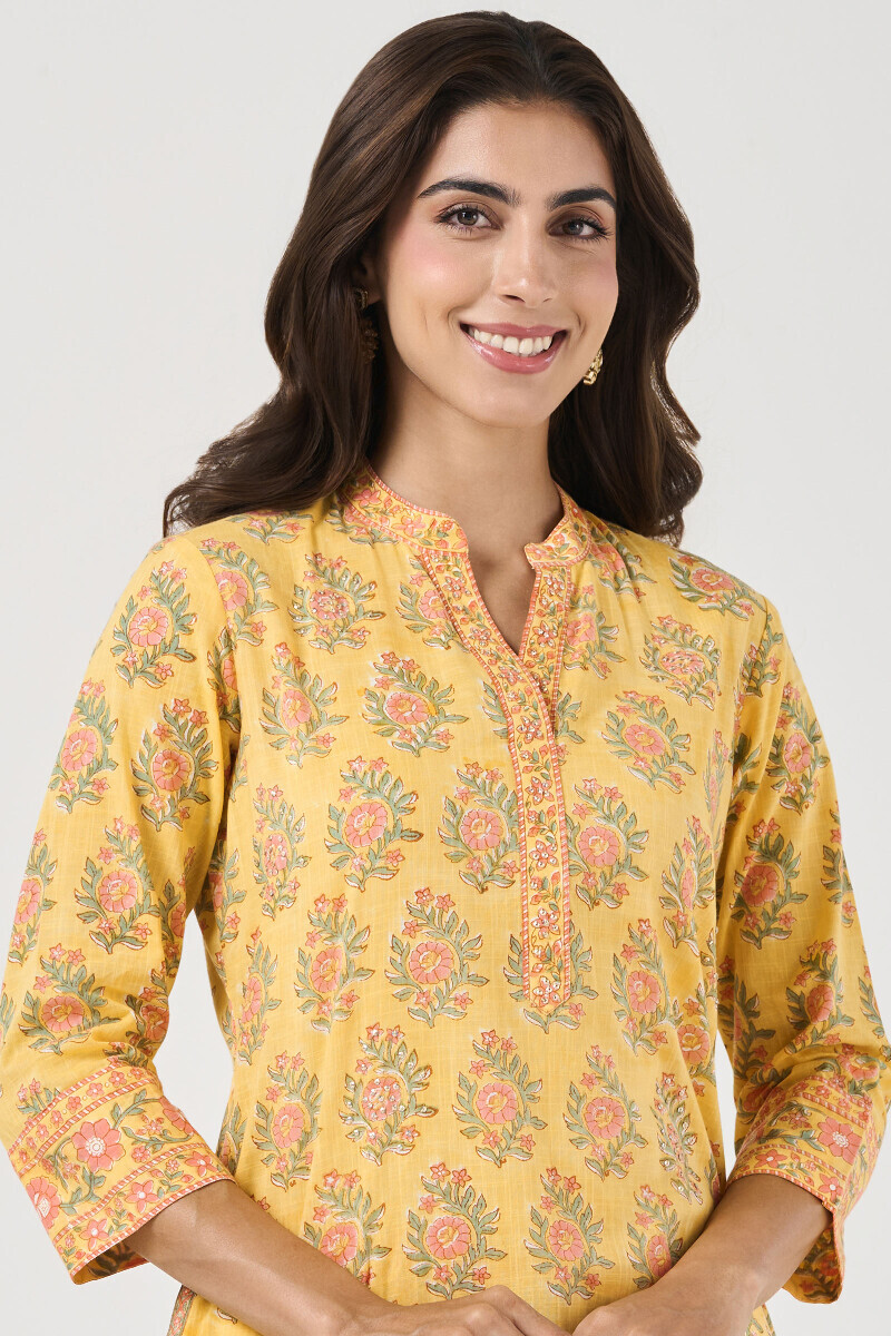 Yellow Hand Block Printed Short Medium Cotton Slub Kurta