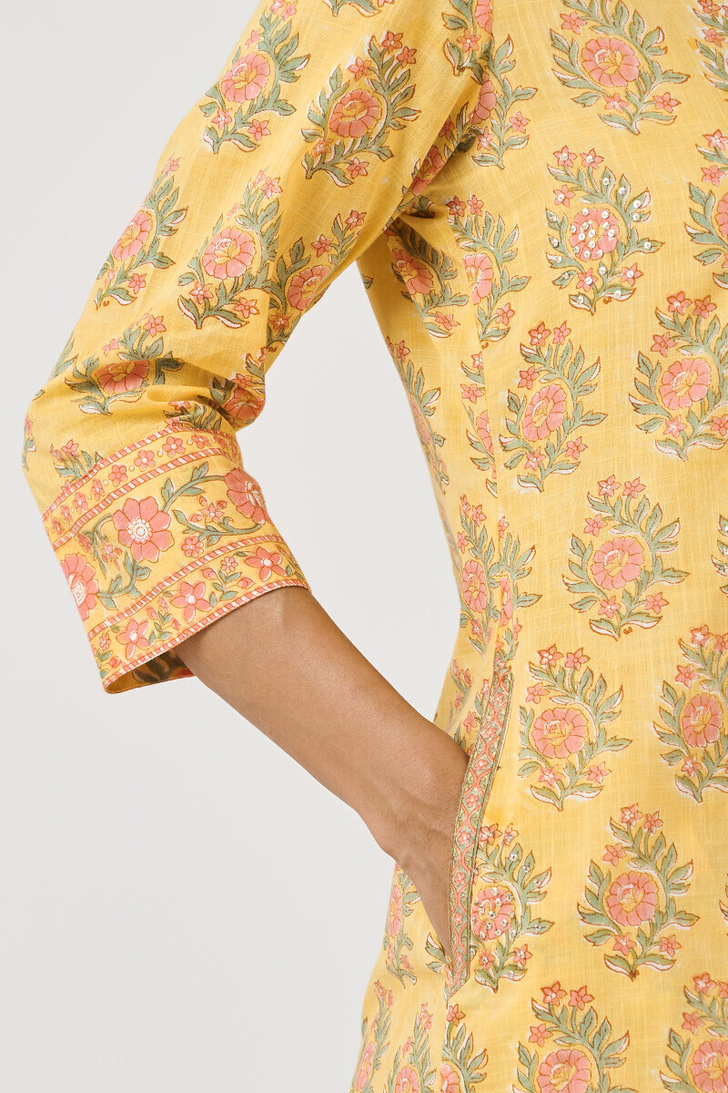 Yellow Hand Block Printed Short Medium Cotton Slub Kurta