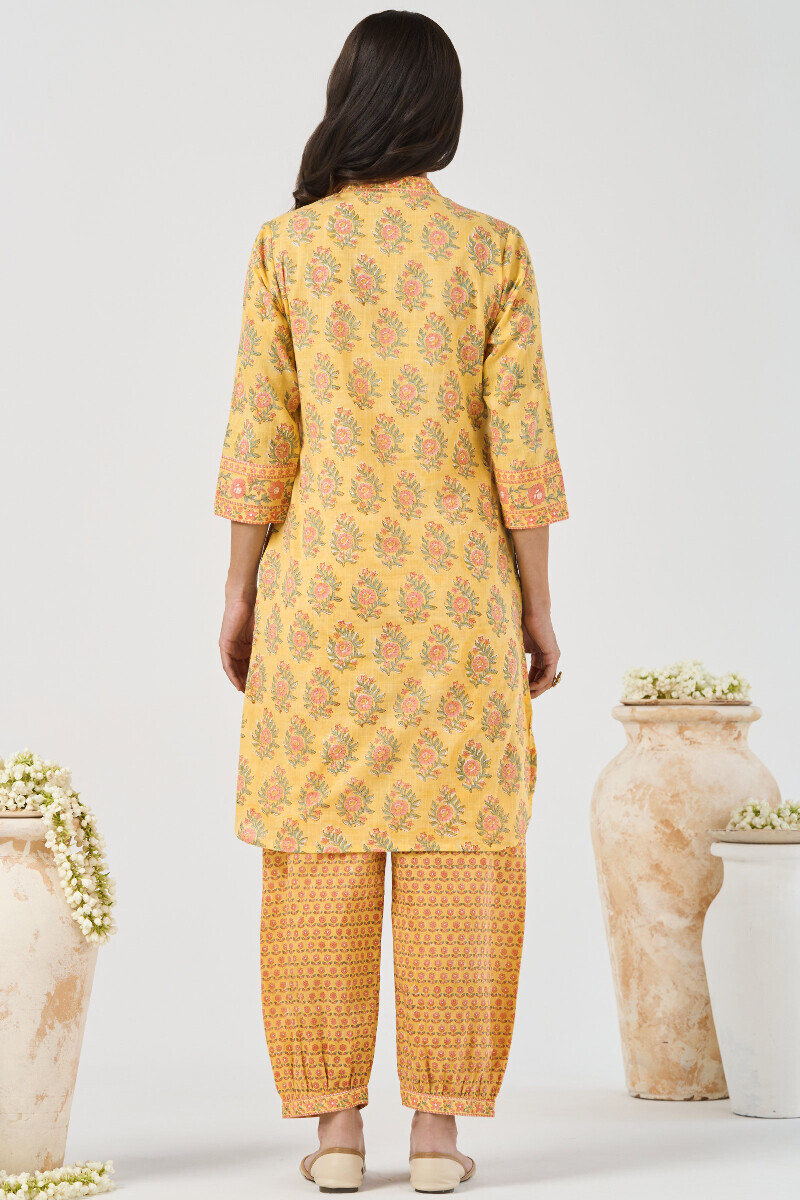 Yellow Hand Block Printed Short Medium Cotton Slub Kurta