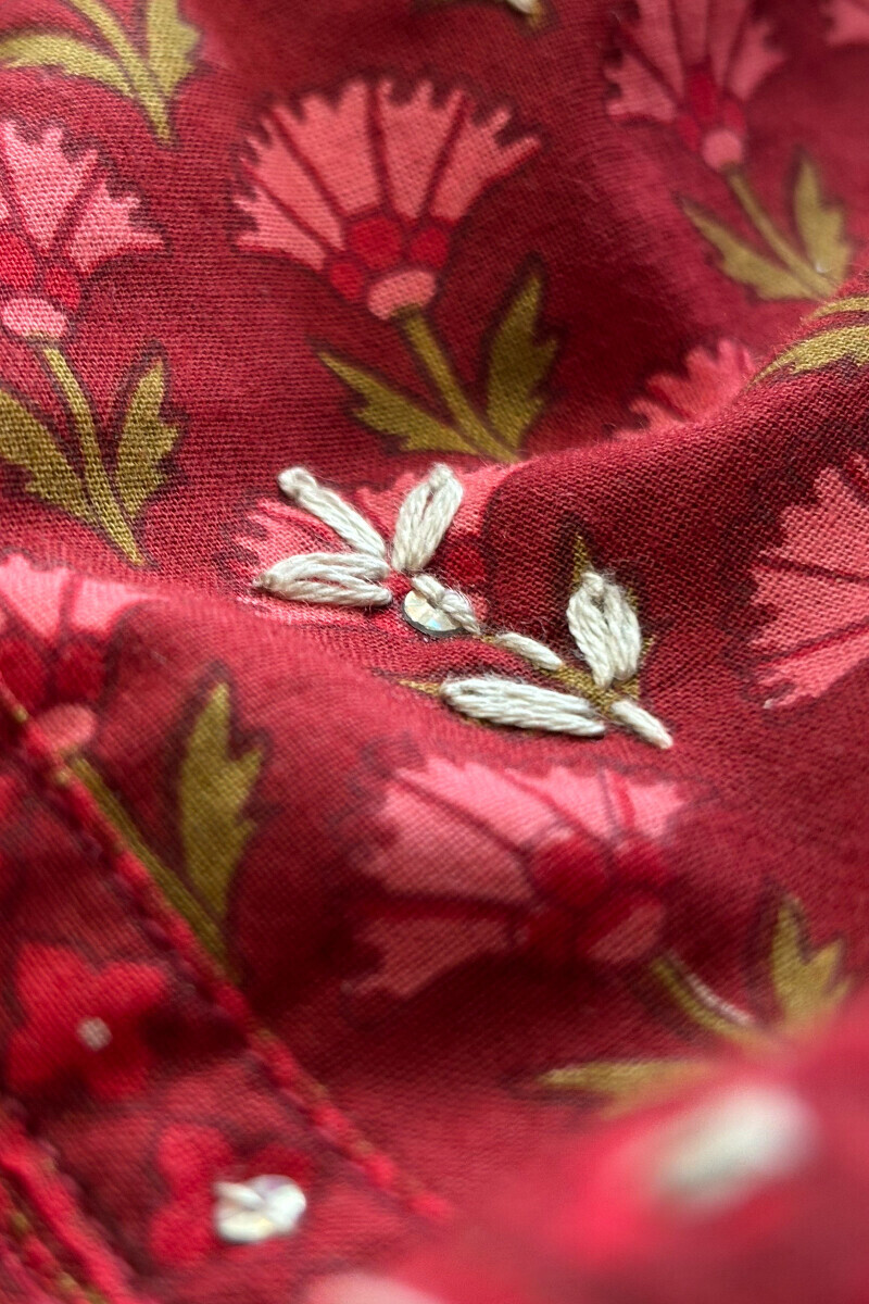 Maroon Hand Printed Short Cotton Kurta