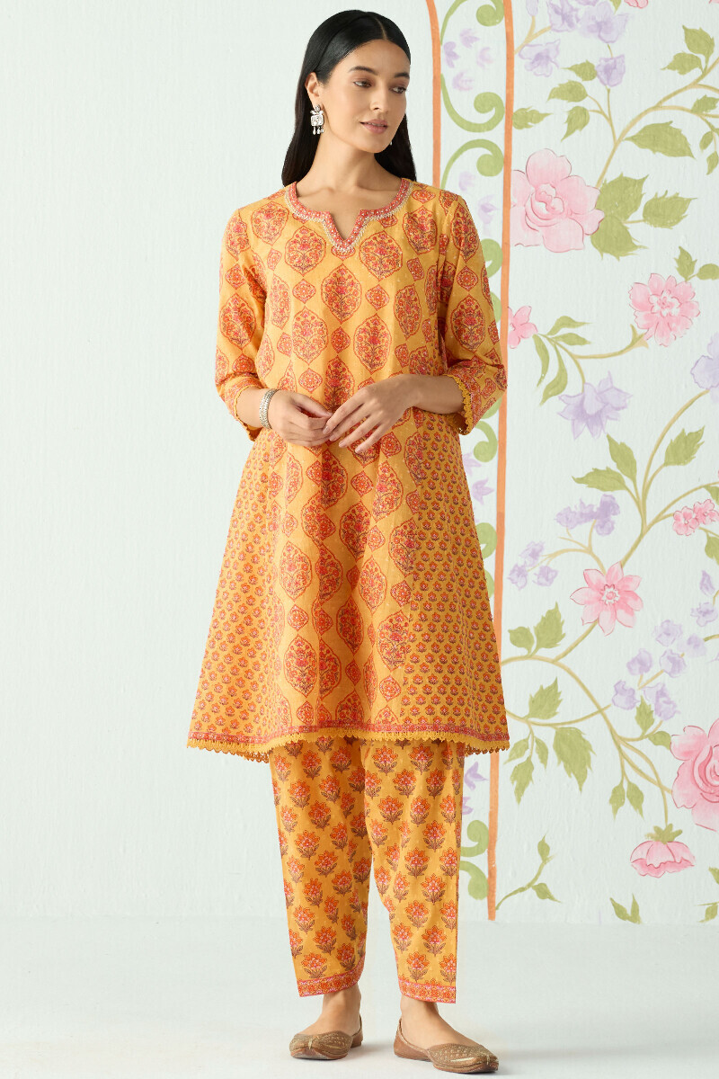 Mustard Hand Printed Short Cotton Dobby Kurta