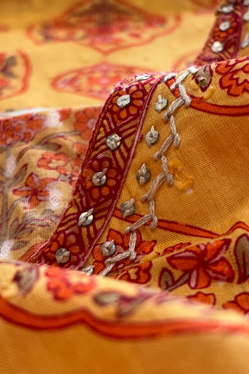 Mustard Hand Printed Short Cotton Dobby Kurta