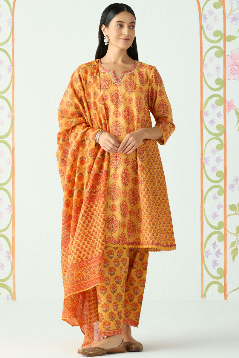 Mustard Hand Printed Short Cotton Dobby Kurta