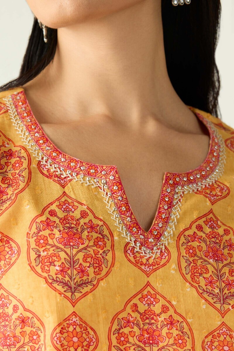 Mustard Hand Printed Short Cotton Dobby Kurta
