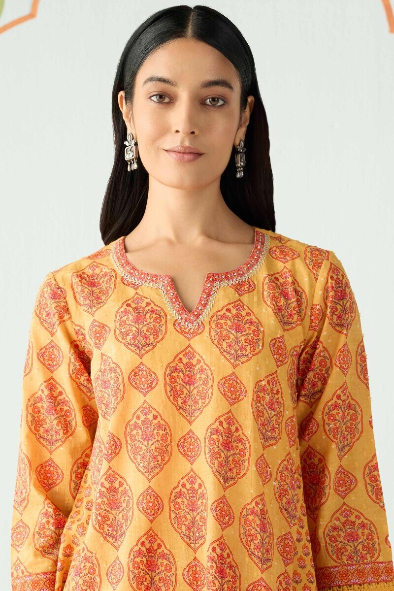 Mustard Hand Printed Short Cotton Dobby Kurta