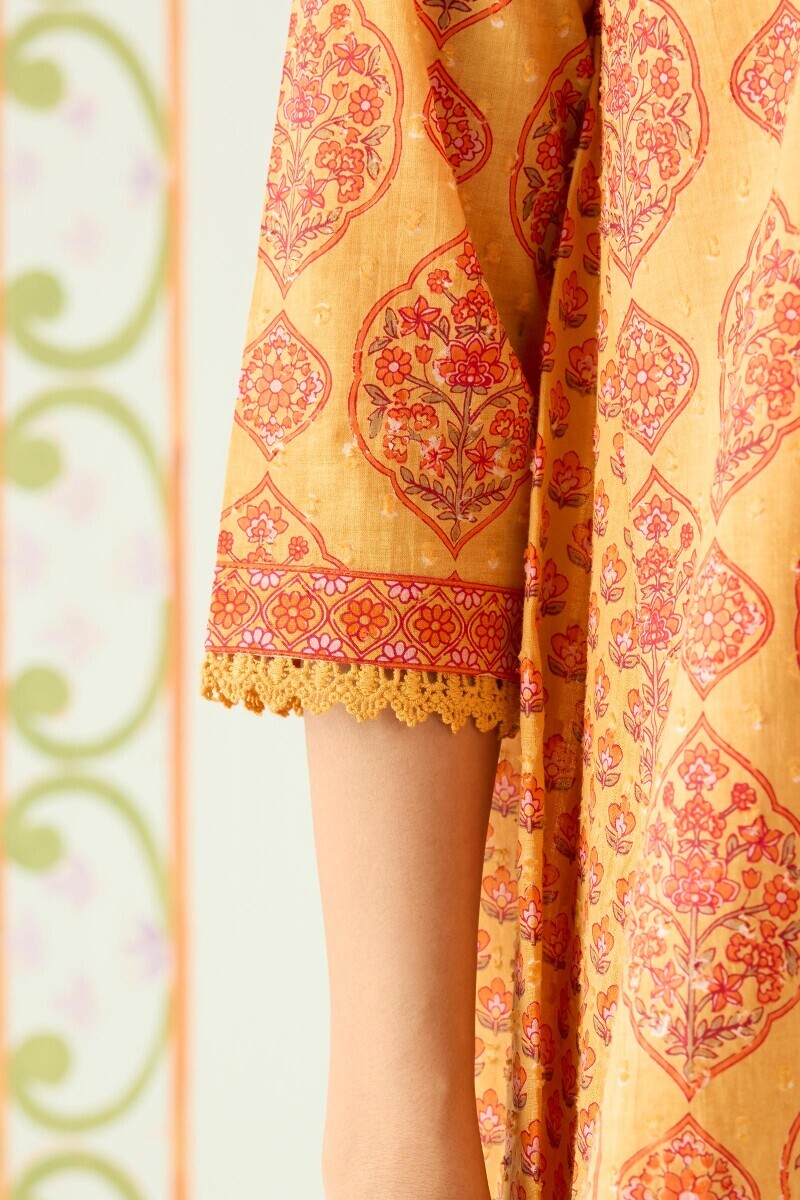 Mustard Hand Printed Short Cotton Dobby Kurta