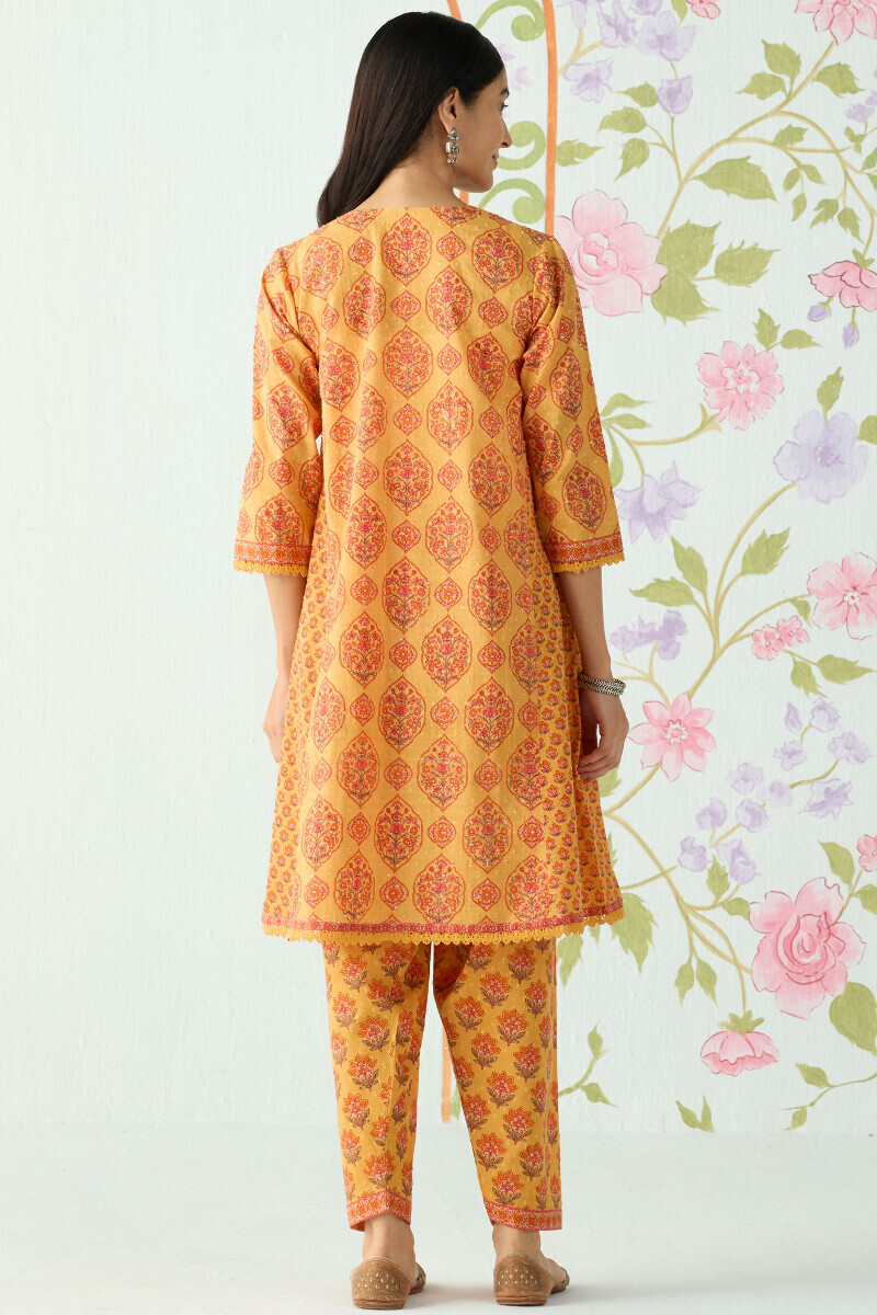 Mustard Hand Printed Short Cotton Dobby Kurta