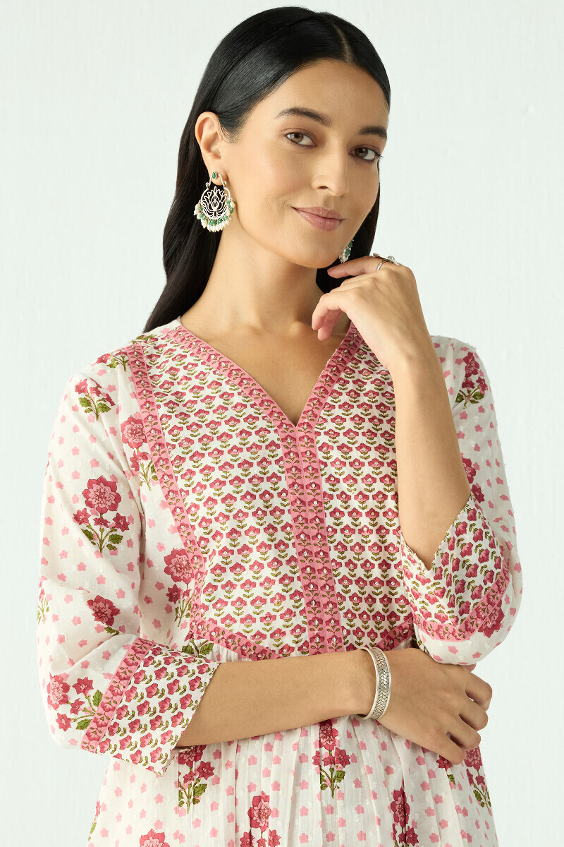 White Hand Printed Short Cotton Dobby Kurta