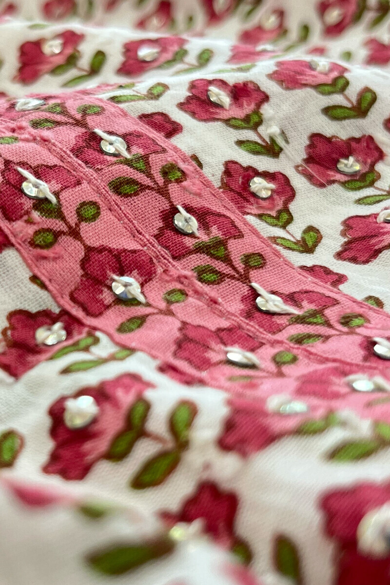 White Hand Printed Short Cotton Dobby Kurta