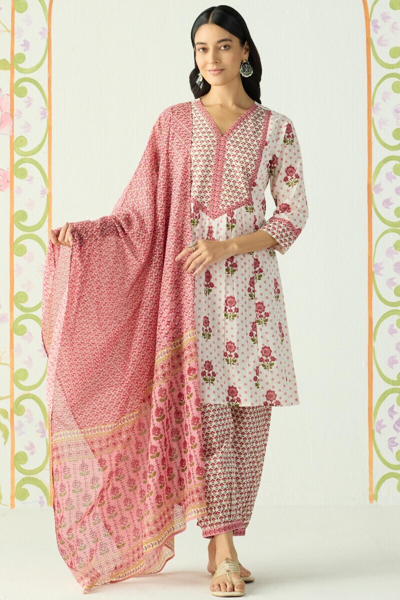 White Hand Printed Short Cotton Dobby Kurta