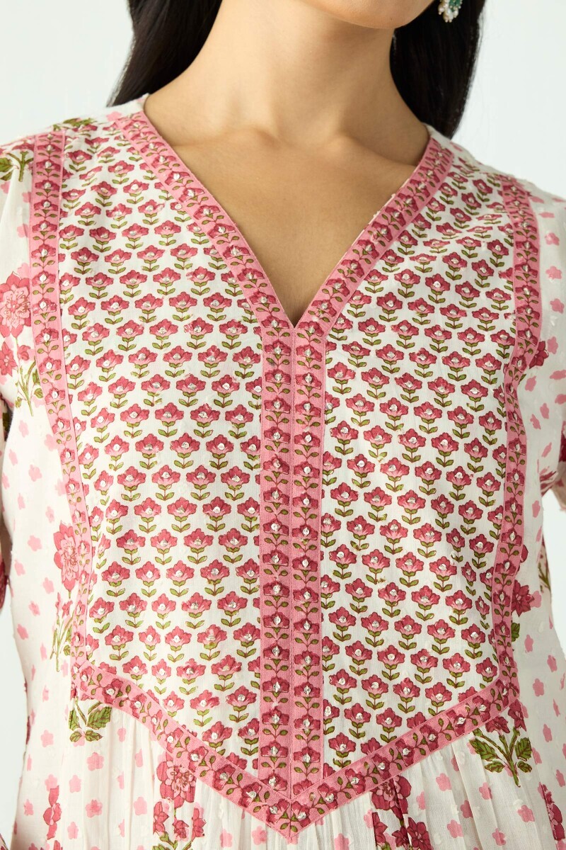 White Hand Printed Short Cotton Dobby Kurta