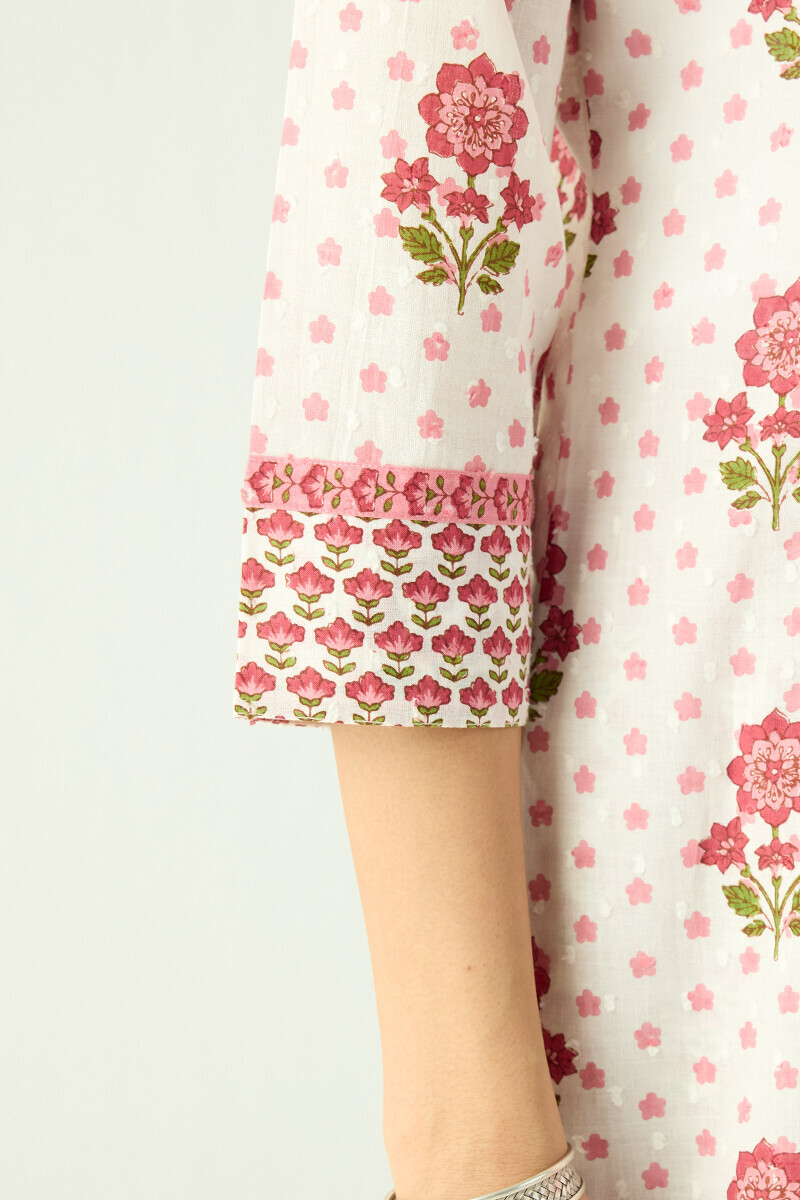 White Hand Printed Short Cotton Dobby Kurta