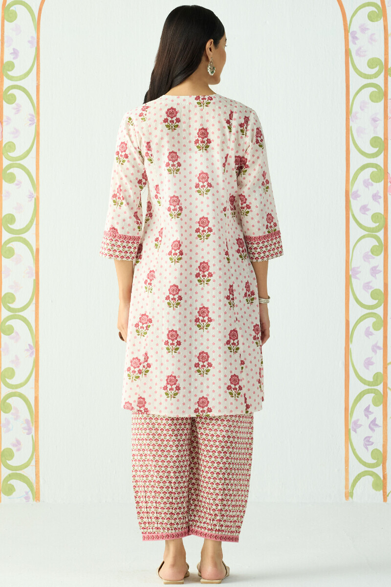 White Hand Printed Short Cotton Dobby Kurta