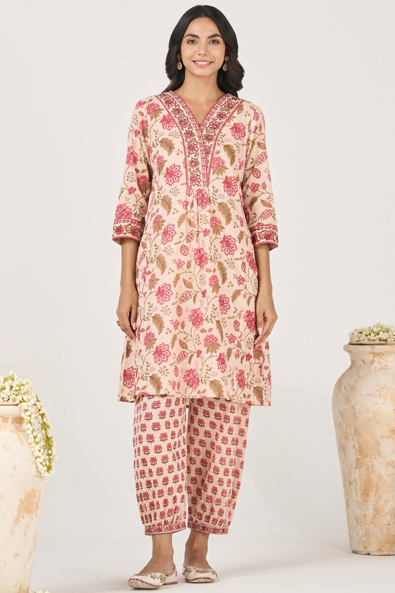 Pink Hand Printed Short Medium Ram Buta Kurta