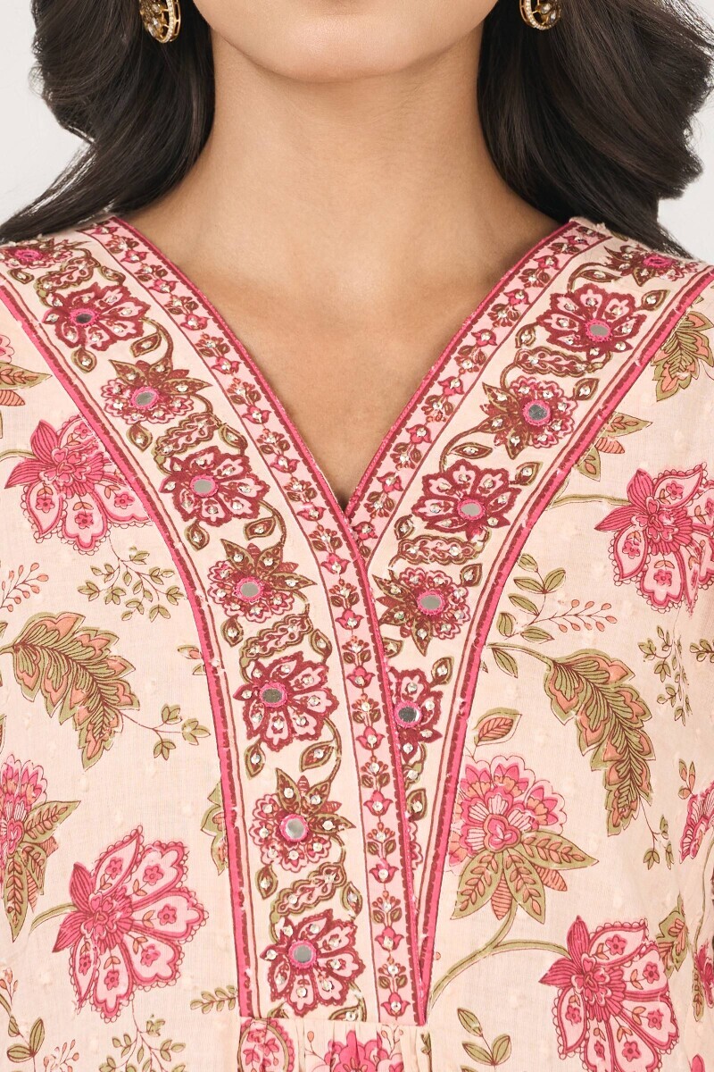 Pink Hand Printed Short Medium Ram Buta Kurta