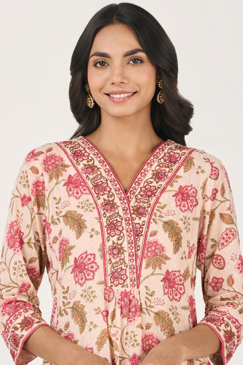Pink Hand Printed Short Medium Ram Buta Kurta